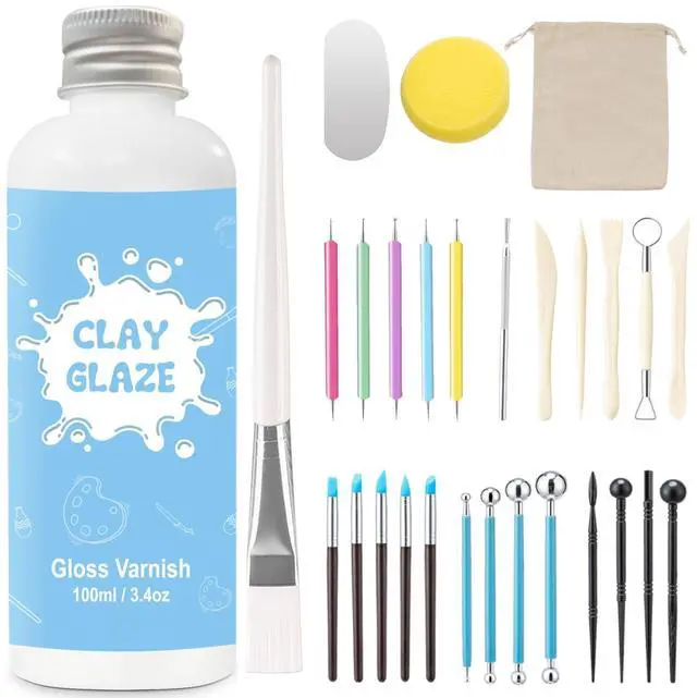 Main image of 100ml Air Dry Clay Glaze and 29pcs Clay Tools Kit, Gloss Varnish | Gloss Glaze, Waterproof,Prevents Clay Scratches & Wear, Air Dry Clay Tool,Dotting Tools,Ball Tools,Carving Tools,Shaper Tools
