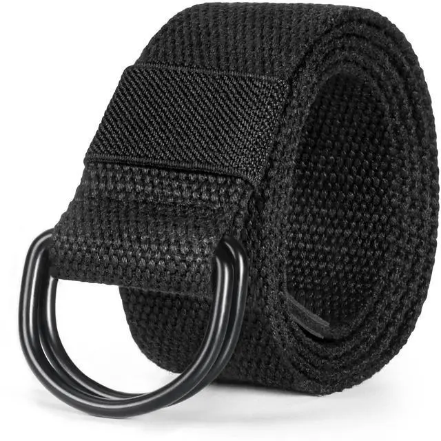 Main image of Mens Womens Canvas Belt, D-ring Buckle Cloth Fabric Belt for Men | 1 1/2 Inch Wide, Length 110cm, Black Belt