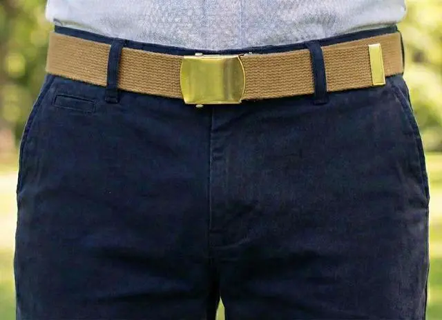 Alt view image 2 of 6 - Canvas Web Belt Military Style with Brass Buckle and Tip 54" Long (Tan)