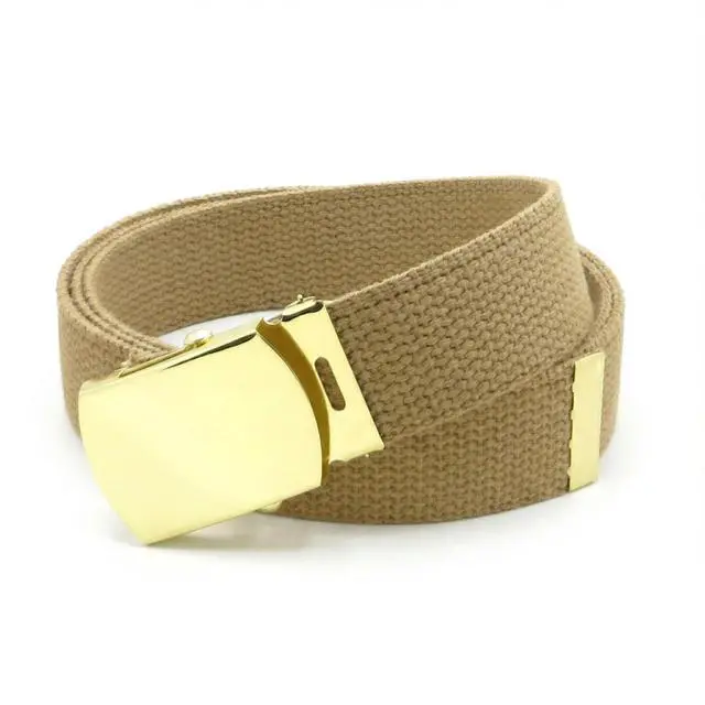 Alt view image 3 of 6 - Canvas Web Belt Military Style with Brass Buckle and Tip 54" Long (Tan)