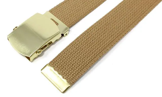 Alt view image 4 of 6 - Canvas Web Belt Military Style with Brass Buckle and Tip 54" Long (Tan)
