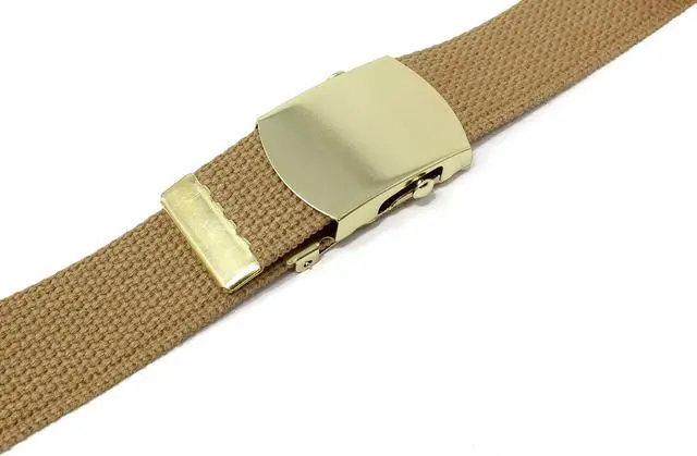 Alt view image 5 of 6 - Canvas Web Belt Military Style with Brass Buckle and Tip 54" Long (Tan)