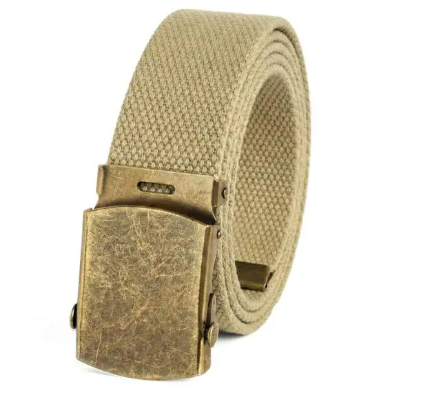 Main image of Canvas Web Belt Military Style with Antique Brass Buckle 54" Long (Khaki) | Adjustable Cut To Fit for Men
