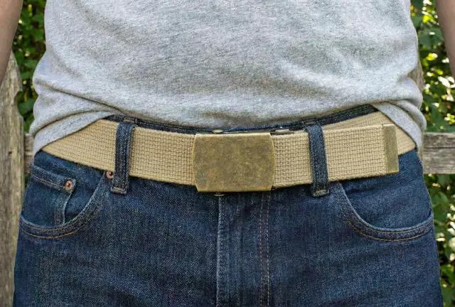 Alt view image 2 of 7 - Canvas Web Belt Military Style with Antique Brass Buckle 54" Long (Khaki) | Adjustable Cut To Fit for Men