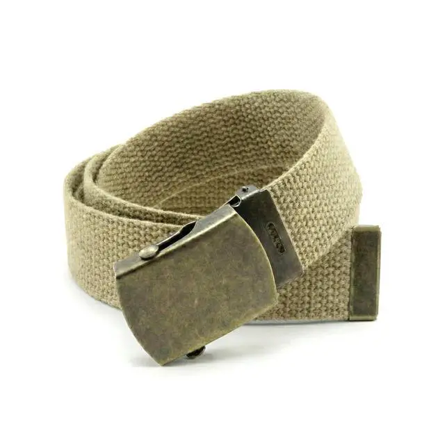 Alt view image 3 of 7 - Canvas Web Belt Military Style with Antique Brass Buckle 54" Long (Khaki) | Adjustable Cut To Fit for Men