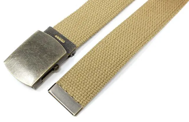 Alt view image 4 of 7 - Canvas Web Belt Military Style with Antique Brass Buckle 54" Long (Khaki) | Adjustable Cut To Fit for Men