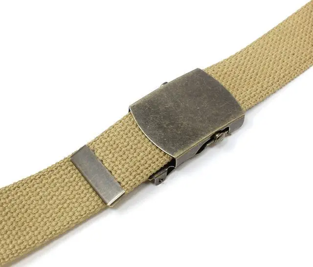 Alt view image 5 of 7 - Canvas Web Belt Military Style with Antique Brass Buckle 54" Long (Khaki) | Adjustable Cut To Fit for Men