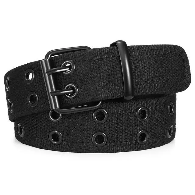 Main image of Canvas Double Grommet Belt Unisex Casual Double Prong Belt for Men Women for Jeans Pants, Black,Black Buckle, S