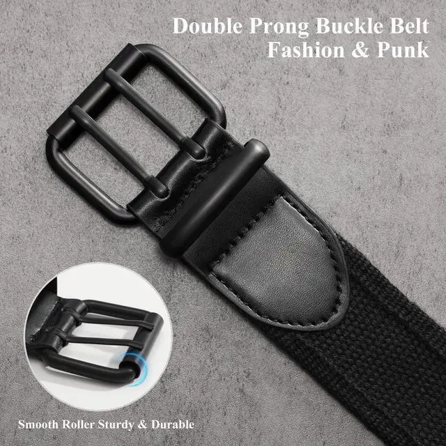 Alt view image 3 of 5 - Canvas Double Grommet Belt Unisex Casual Double Prong Belt for Men Women for Jeans Pants, Black,Black Buckle, S