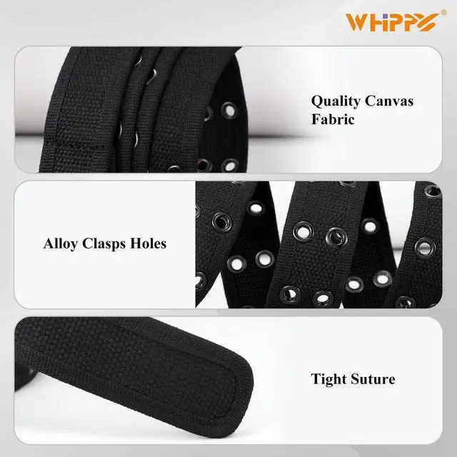 Alt view image 4 of 5 - Canvas Double Grommet Belt Unisex Casual Double Prong Belt for Men Women for Jeans Pants, Black,Black Buckle, S