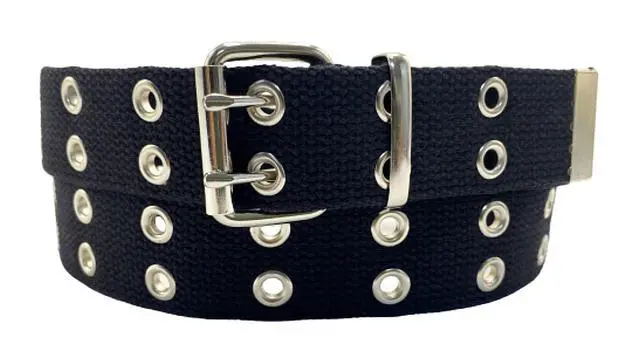 Alt view image 2 of 7 - Double Grommet Canvas Belt Adjustable Punk Style Web Belt for Women & Men Jeans, Unisex 1.5 Wide, Cotton Strap with Metal Buckle (black, L: waist size 36"~40")