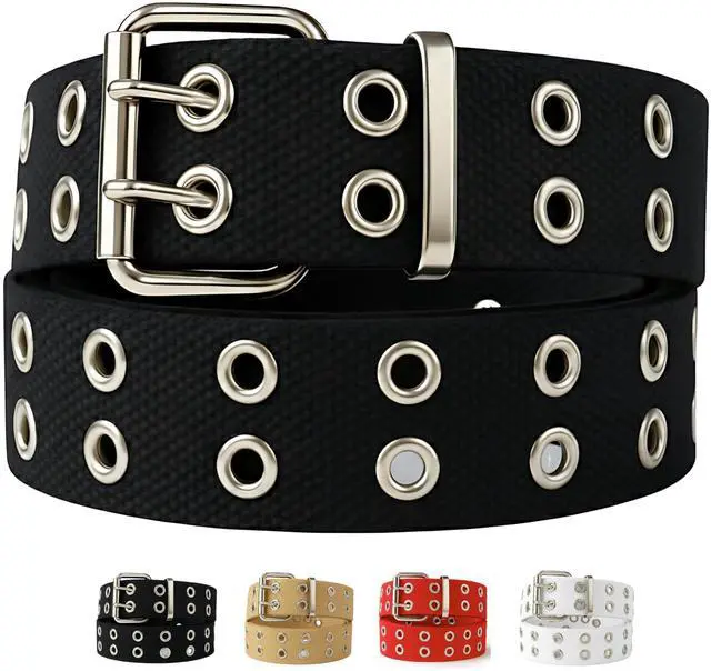 Main image of Double Grommet Canvas Belt Adjustable Punk Style Web Belt for Women & Men Jeans, Unisex 1.5 Wide, Cotton Strap with Metal Buckle (black, L: waist size 36"~40")