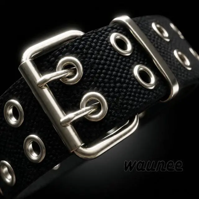 Alt view image 3 of 7 - Double Grommet Canvas Belt Adjustable Punk Style Web Belt for Women & Men Jeans, Unisex 1.5 Wide, Cotton Strap with Metal Buckle (black, L: waist size 36"~40")