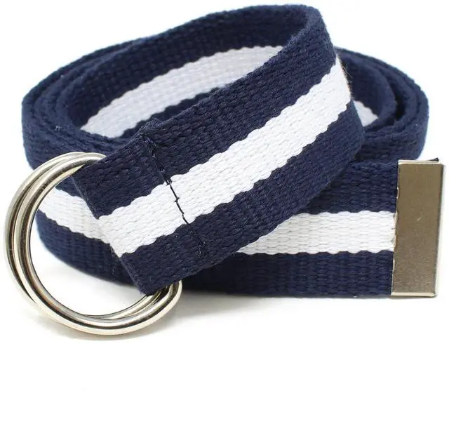 Main image of Canvas Web Belt D-Ring Buckle 1.25" Wide Metal Tip (Navy/Cream-XL) | Double Ring Military Style Webbing Strap