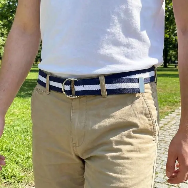 Alt view image 2 of 7 - Canvas Web Belt D-Ring Buckle 1.25" Wide Metal Tip (Navy/Cream-XL) | Double Ring Military Style Webbing Strap