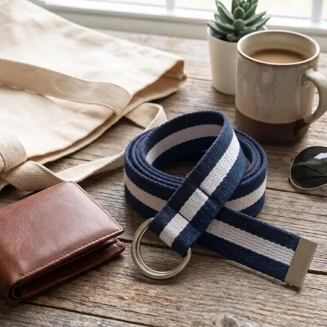 Alt view image 3 of 7 - Canvas Web Belt D-Ring Buckle 1.25" Wide Metal Tip (Navy/Cream-XL) | Double Ring Military Style Webbing Strap