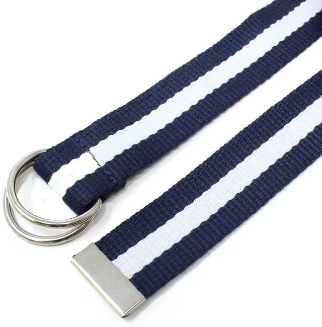 Alt view image 4 of 7 - Canvas Web Belt D-Ring Buckle 1.25" Wide Metal Tip (Navy/Cream-XL) | Double Ring Military Style Webbing Strap