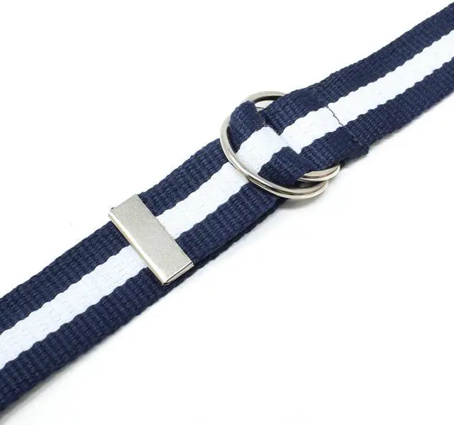 Alt view image 6 of 7 - Canvas Web Belt D-Ring Buckle 1.25" Wide Metal Tip (Navy/Cream-XL) | Double Ring Military Style Webbing Strap