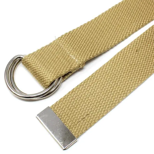 Alt view image 2 of 6 - Thin Web Belt Double D-Ring Buckle 1.25" Wide with Metal Tip Solid Color (XL-Khaki)