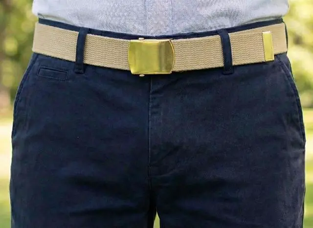 Alt view image 2 of 7 - Canvas Web Belt Military Style with Brass Buckle and Tip 54" Long (Khaki)