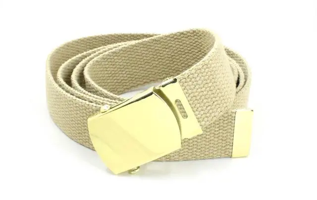 Alt view image 3 of 7 - Canvas Web Belt Military Style with Brass Buckle and Tip 54" Long (Khaki)
