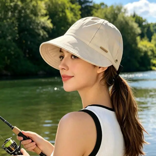 Alt view image 7 of 7 - Women Sun Hat Wide Brim Hat Ponytail Baseball Cap Foldable Packable for Summer Beach Golf Hiking Fishing Beige
