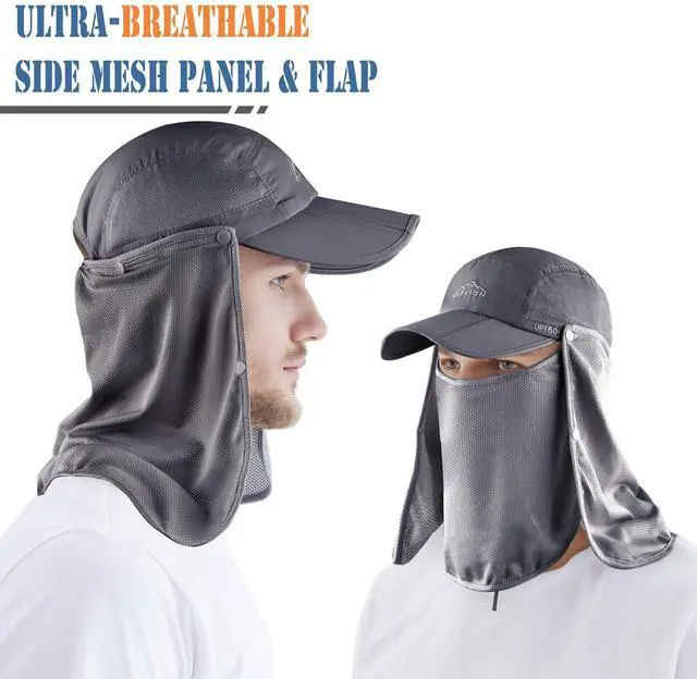Alt view image 4 of 6 - Outdoor Fishing Flap Hat UPF50 Sun Cap Removable Mesh Face Neck Cover, D-grey/ Mesh Neck Cover, M-L-XL