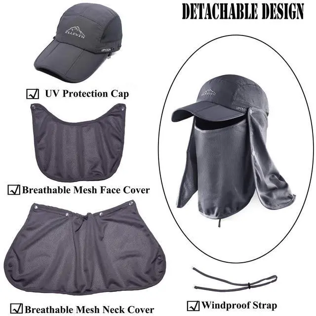 Alt view image 3 of 6 - Outdoor Fishing Flap Hat UPF50 Sun Cap Removable Mesh Face Neck Cover, D-grey/ Mesh Neck Cover, M-L-XL