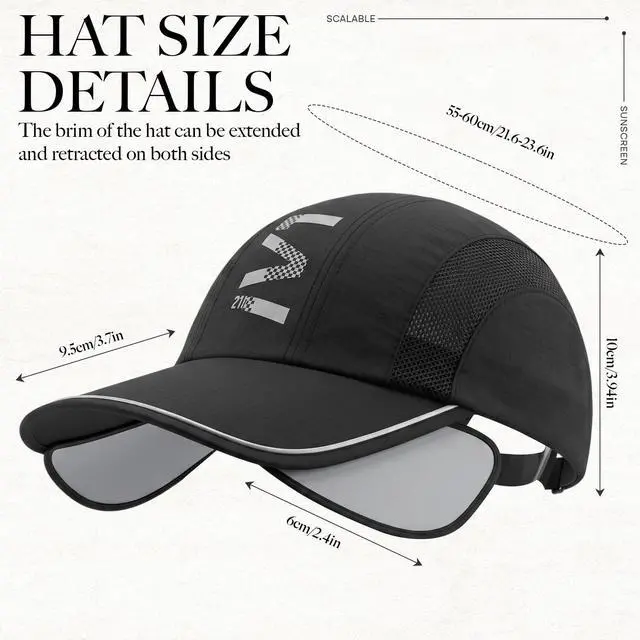 Alt view image 2 of 6 - Retractable Brim Baseball Cap Sport Sun Visor Hat for Men Women | Adjustable Wide Brim Cap Mesh Breathable UV Protection Hat for Running Tennis Golf Beach, Black
