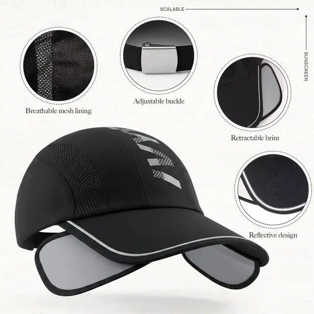 Alt view image 4 of 6 - Retractable Brim Baseball Cap Sport Sun Visor Hat for Men Women | Adjustable Wide Brim Cap Mesh Breathable UV Protection Hat for Running Tennis Golf Beach, Black