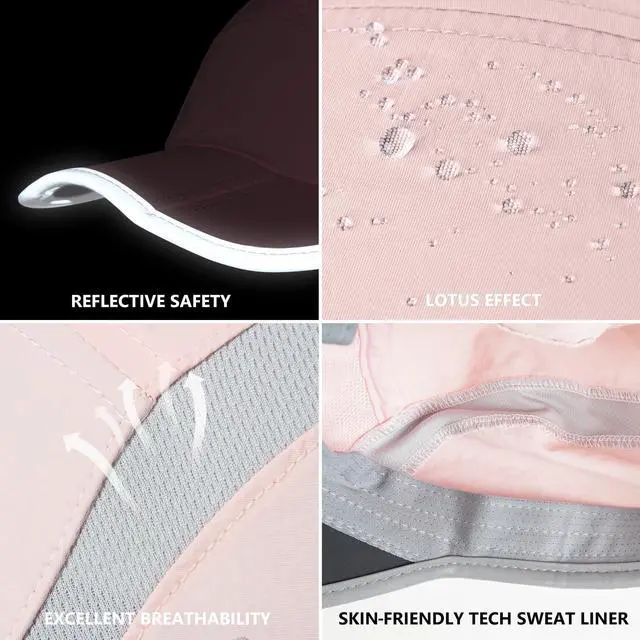 Alt view image 6 of 6 - Baseball Cap Nylon Running Cap Outdoor Sports Hat for Men Women Adjustable Quick Drying Reflective Foldable UPF50+ Breath Mesh Water Repellency Race Performance Lightweight Light Pink