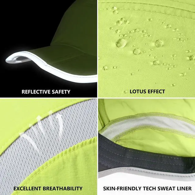 Alt view image 6 of 6 - Baseball Cap Nylon Running Cap Outdoor Sports Hat for Men Woman Adjustable Quick Drying Reflective Foldable UPF Inhibit UV Mesh Water Repellency Race Performance Lightweight Bright Green