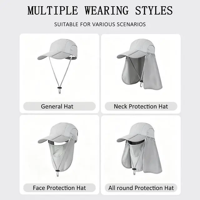Alt view image 3 of 7 - 2Pack Men s Foldable Sun Hat with Removable Face Mask & Neck Flap, UPF 50+ UV Protection, Quick-Drying Outdoor Fishing Cap (US, Alpha, One Size, Dark Grey+Light Grey)