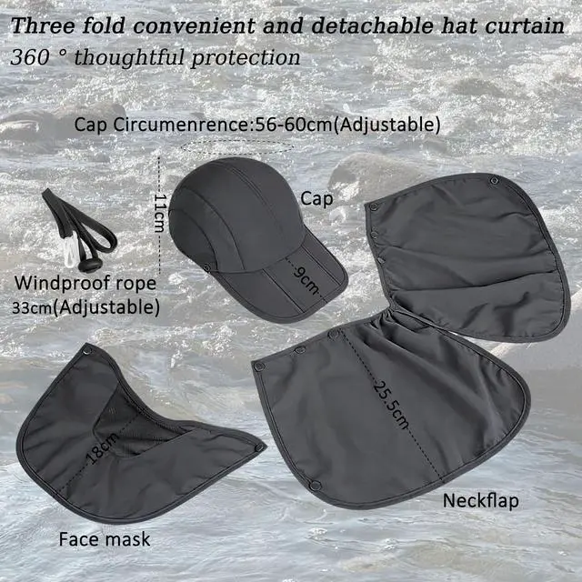 Alt view image 4 of 7 - 2Pack Men s Foldable Sun Hat with Removable Face Mask & Neck Flap, UPF 50+ UV Protection, Quick-Drying Outdoor Fishing Cap (US, Alpha, One Size, Dark Grey+Light Grey)
