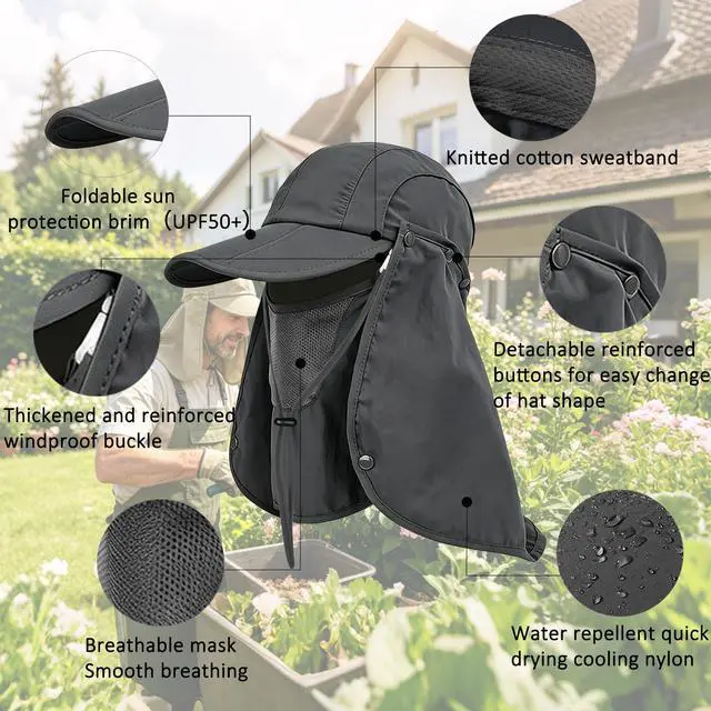 Alt view image 6 of 7 - 2Pack Men s Foldable Sun Hat with Removable Face Mask & Neck Flap, UPF 50+ UV Protection, Quick-Drying Outdoor Fishing Cap (US, Alpha, One Size, Dark Grey+Light Grey)