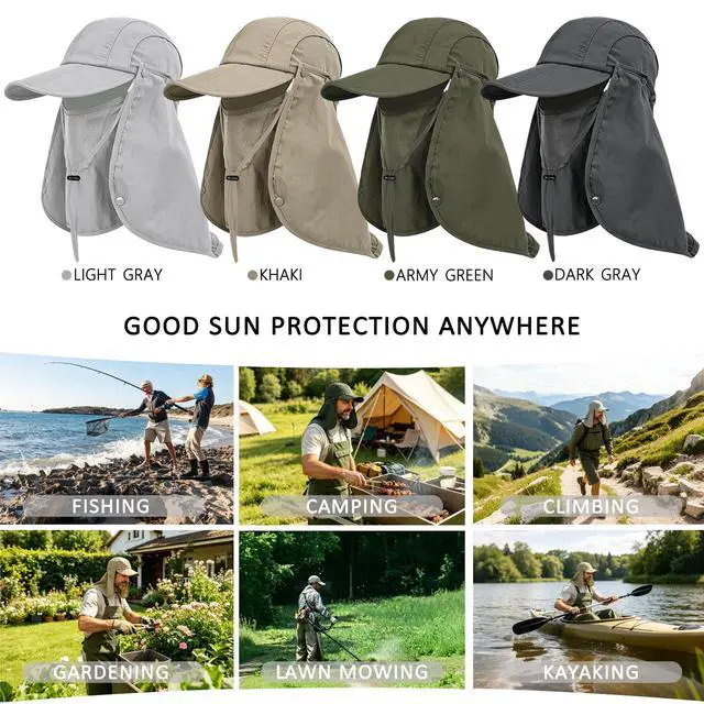 Alt view image 7 of 7 - 2Pack Men s Foldable Sun Hat with Removable Face Mask & Neck Flap, UPF 50+ UV Protection, Quick-Drying Outdoor Fishing Cap (US, Alpha, One Size, Dark Grey+Light Grey)