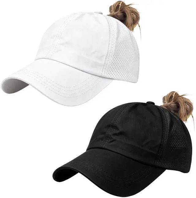 Main image of Womens Criss Cross Ponytail Baseball Cap, Adjustable High Messy Bun Sun Hat Quick Drying UV Protection Breathable Sport Cap for Outdoor Activities (US, Alpha, One Size, Black+White)