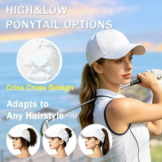 Alt view image 2 of 7 - Womens Criss Cross Ponytail Baseball Cap, Adjustable High Messy Bun Sun Hat Quick Drying UV Protection Breathable Sport Cap for Outdoor Activities (US, Alpha, One Size, Black+White)