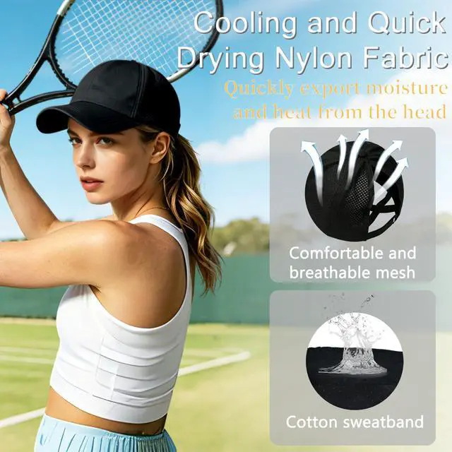 Alt view image 3 of 7 - Womens Criss Cross Ponytail Baseball Cap, Adjustable High Messy Bun Sun Hat Quick Drying UV Protection Breathable Sport Cap for Outdoor Activities (US, Alpha, One Size, Black+White)