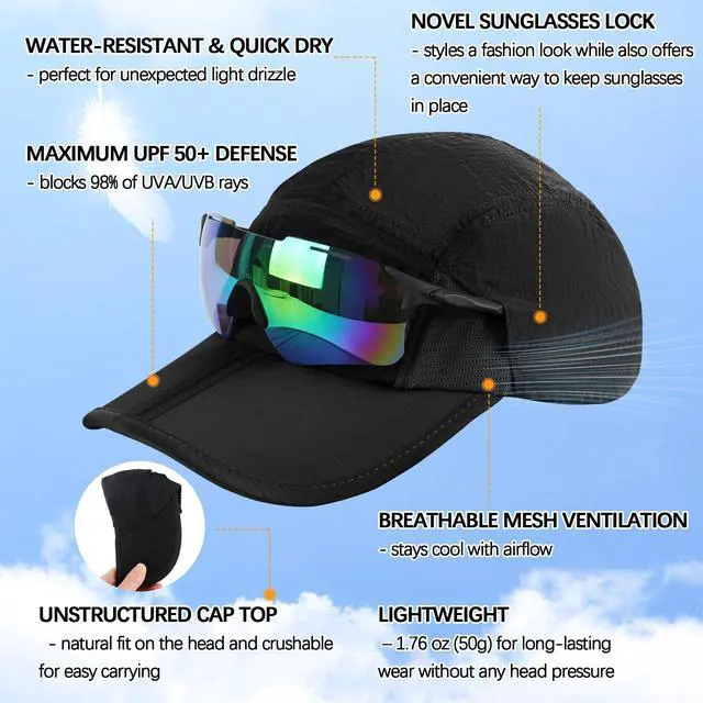 Alt view image 2 of 7 - Foldable Outdoor Sports Baseball Cap for Fishing Hiking, Black | Unisex Lightweight Breathable Quick Dry UPF 50+ Sun Hat, Water Resistant Outdoor Portable Brim Hats for Women Men