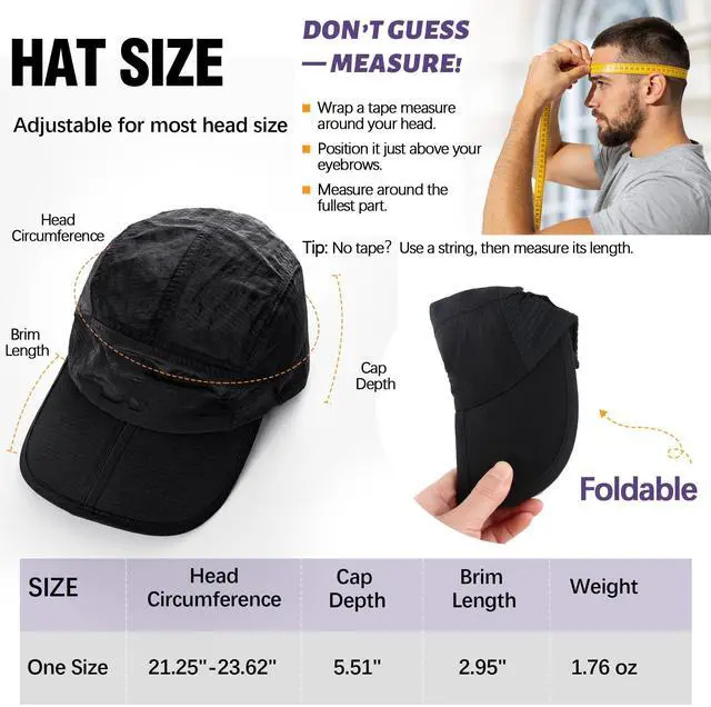 Alt view image 3 of 7 - Foldable Outdoor Sports Baseball Cap for Fishing Hiking, Black | Unisex Lightweight Breathable Quick Dry UPF 50+ Sun Hat, Water Resistant Outdoor Portable Brim Hats for Women Men