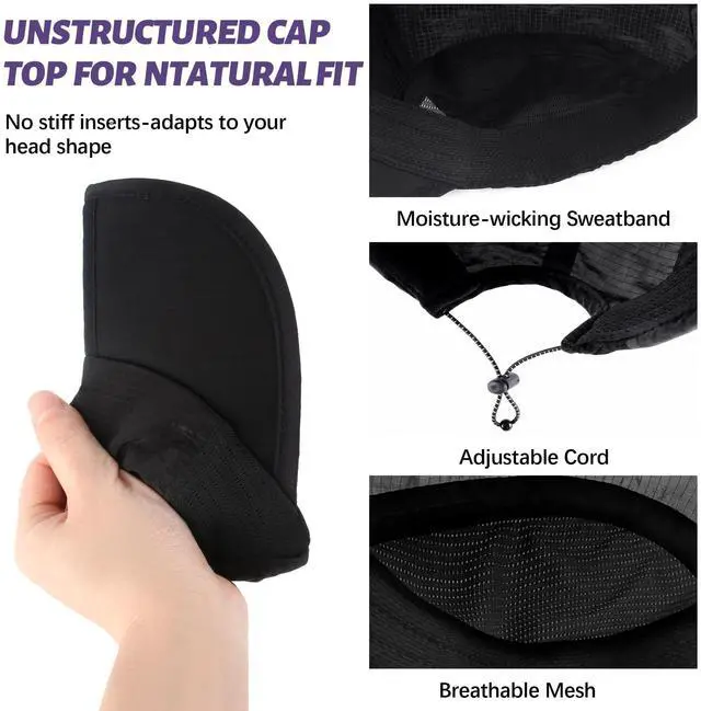 Alt view image 4 of 7 - Foldable Outdoor Sports Baseball Cap for Fishing Hiking, Black | Unisex Lightweight Breathable Quick Dry UPF 50+ Sun Hat, Water Resistant Outdoor Portable Brim Hats for Women Men