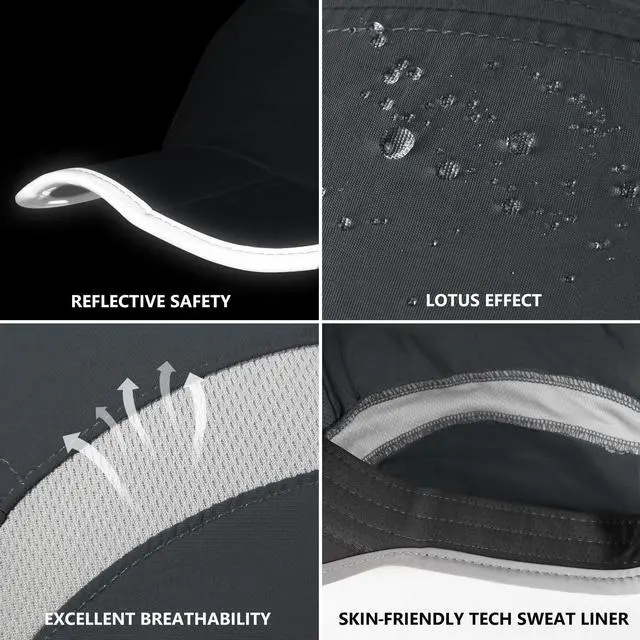 Alt view image 6 of 6 - Sport Hat 50+ UPF Inhibit UV Lightweight Baseball Cap Quick Drying Reflective Foldable Cap Water Repellency with Mesh Race Suitable for Men Woman Running Outdoor Activity Cap Dark Gray
