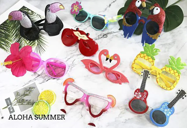 Alt view image 2 of 7 - Luau Party Sunglasses - 9 Pairs Funny Hawaiian Glasses, Tropical Fancy Dress Props, Fun Summer Kids Party Favors, Beach Themed Party Supplies Decoration