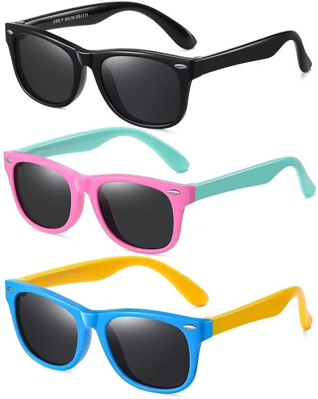 Main image of Kids Polarized Sunglasses for girls boys 3 Pack, Flexible TPEE Rubber Frame for Children Age 3-8. (Black +Pink Green +Blue Yellow)