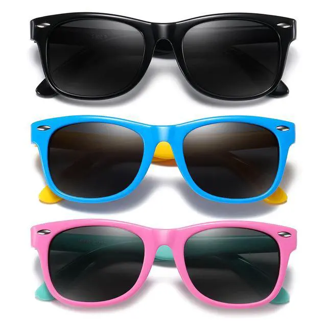 Alt view image 2 of 7 - Kids Polarized Sunglasses for girls boys 3 Pack, Flexible TPEE Rubber Frame for Children Age 3-8. (Black +Pink Green +Blue Yellow)