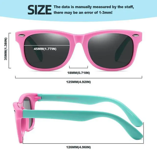 Alt view image 5 of 7 - Kids Polarized Sunglasses for girls boys 3 Pack, Flexible TPEE Rubber Frame for Children Age 3-8. (Black +Pink Green +Blue Yellow)