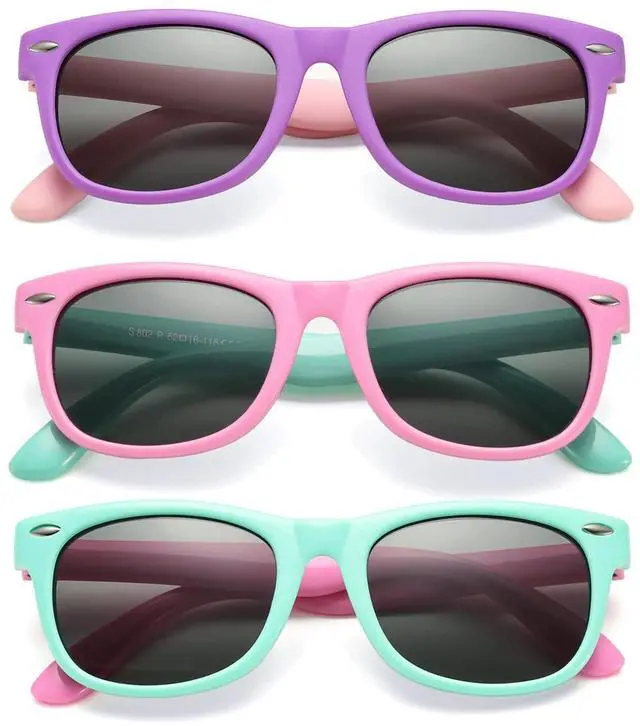 Main image of Kids Polarized Sunglasses Set TPEE Rubber Flexible Shades for Girls Boys Age 3-9 Sunglasses 3 Pack (Purple + Rosepink + Applegreen)