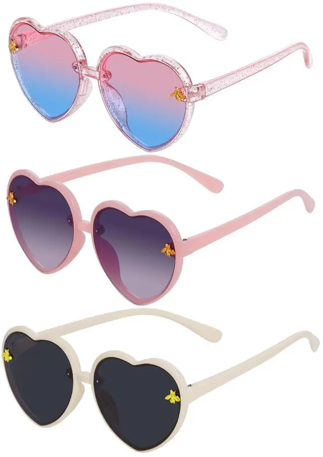 Main image of 3 Pieces Kids Heart Shaped Sunglasses Stylish Cute Bee Sunglasses for Toddler Girls Age 3-10 Outdoor Beach Eyewear, UV400 Protection