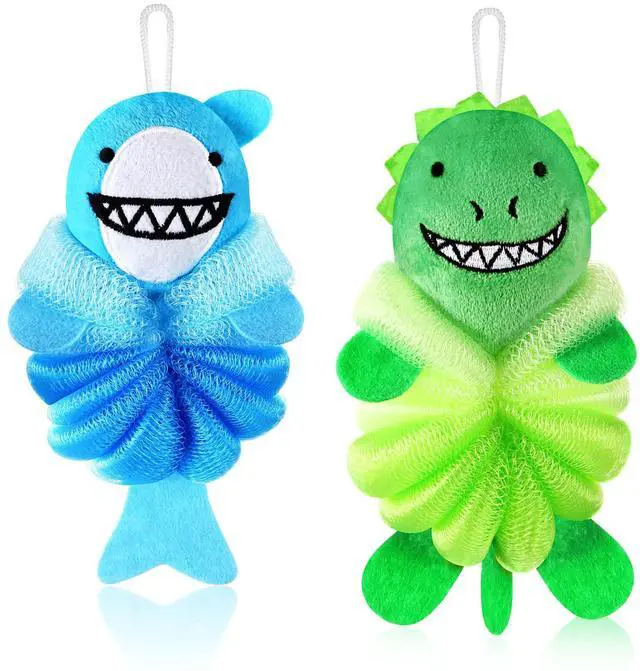 Main image of 2 Pcs Kids Bath Loofahs, Shark, Monster | Toddler Cute Cartoon Bath Sponges, Loofah Pouf Body Scrubber, Mesh Sponges for Children Shower Washing Exfoliating